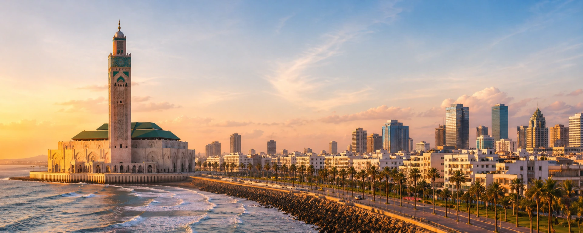 Casablanca — Hassan-II-Moschee, Skyline und Atlantik bei Sonnenuntergang