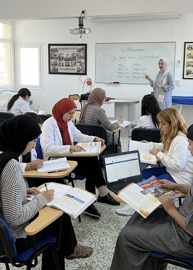 Deutschkurs im Sprachzentrum Karriere Brücke Meknès — Teilnehmer an Einzeltischen, Lehrerin am Whiteboard mit Konjugationstabelle und Lehrwerk Berliner Platz.